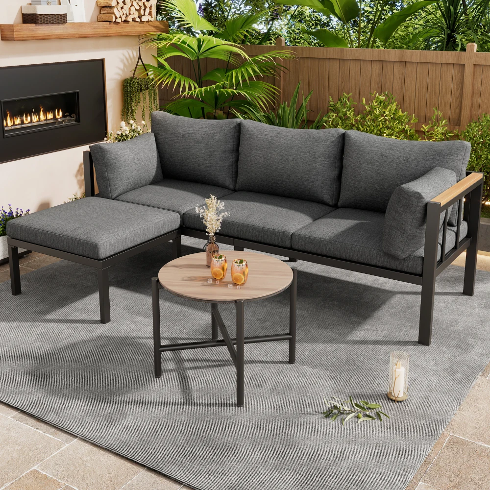3-Sitzer Garten-Sofa-Set mit Verzinktem Stahlrahmen, Ottoman und Rundem Kaffeetisch für Terrasse und Balkon