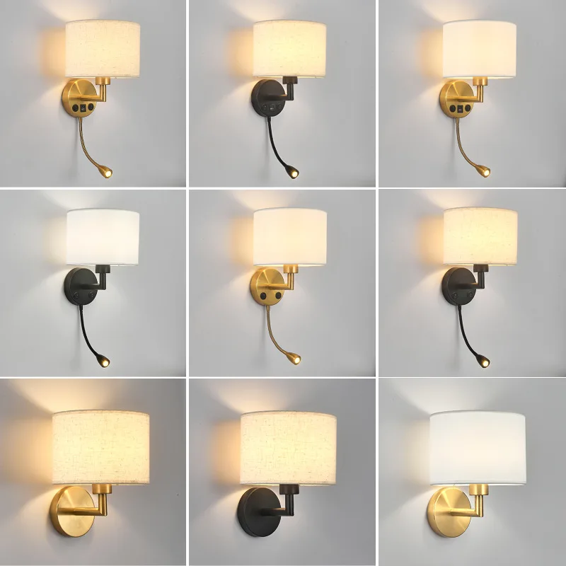 E27 LED Stoff Lampenschirm Einstellbarer Winkel Wandleuchte USB Ladeanschluss Schlafzimmer Nachttischlampe Wohndekoration Wandleuchte