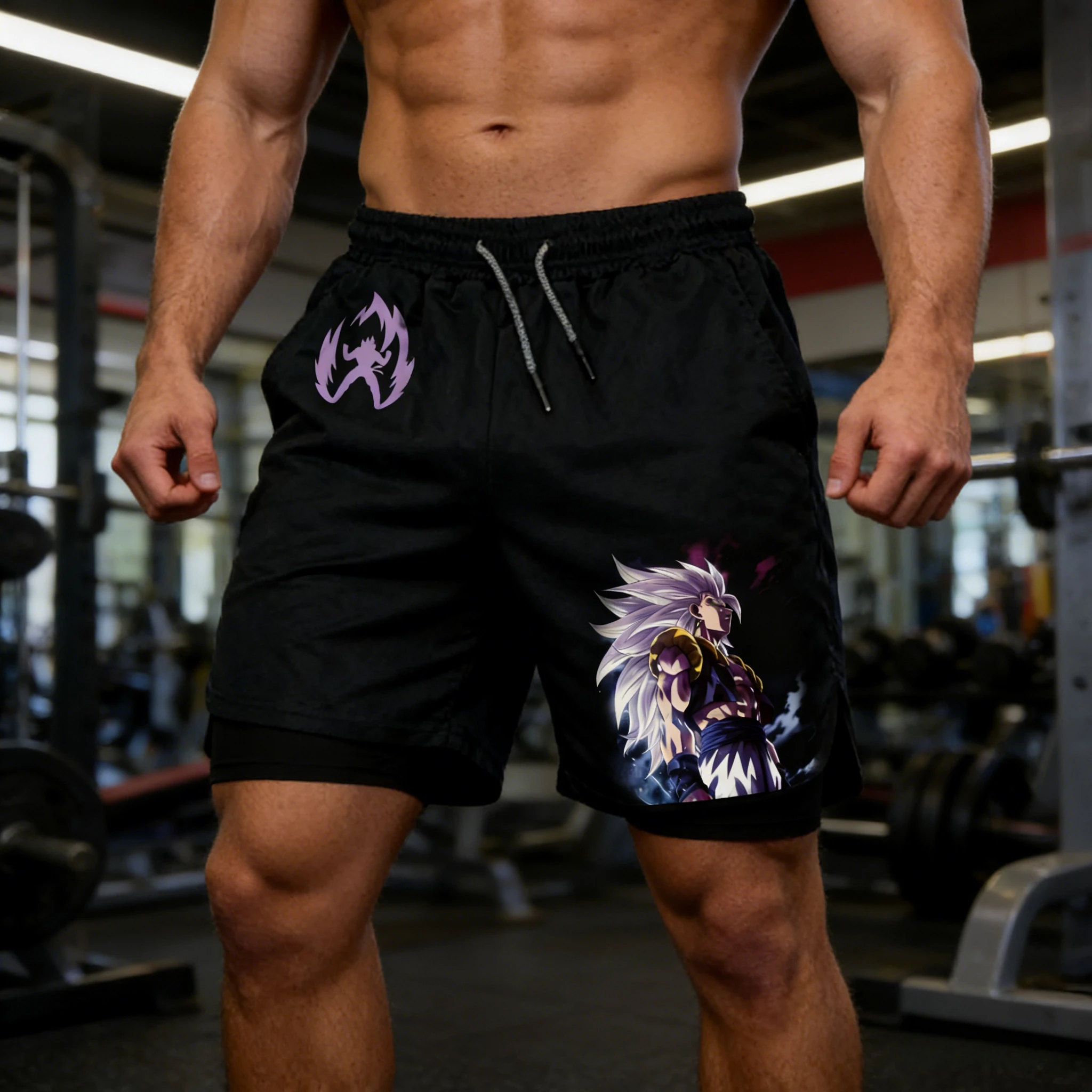 2026 Sommer Dragon Ball Super Wu Gita Super Five Form 3D-gedruckte Doppellagige Fake-Two-Sport-Shorts, locker sitzend, atmungsaktiv, schnelltrocknend