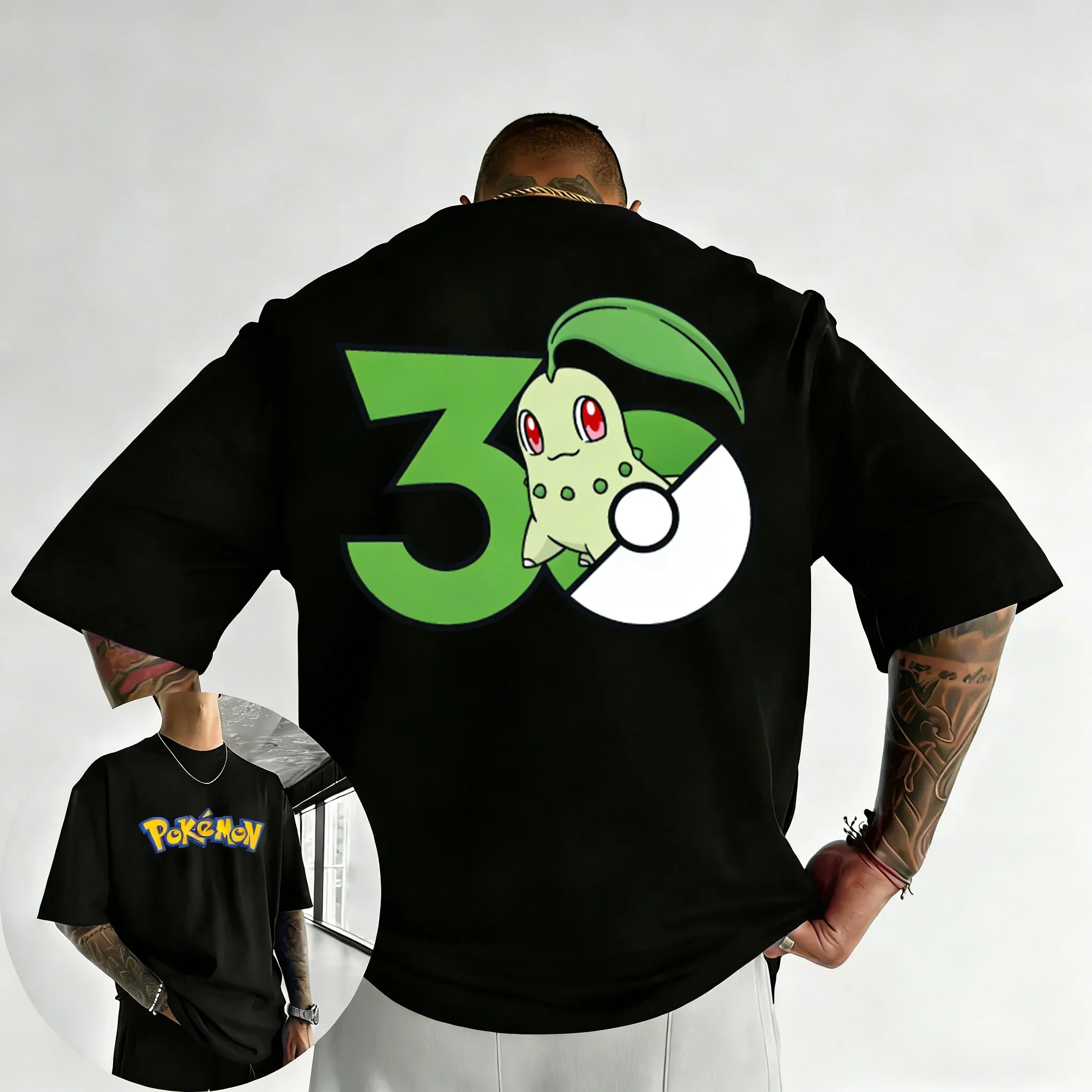 Pokemon 30th Anniversary Chikorita Co-Branded T-Shirt Sommer-T-Shirt für Herren und Damen, locker, lässig, Hip-Hop, trendiges Kurzarm-Oberteil Image