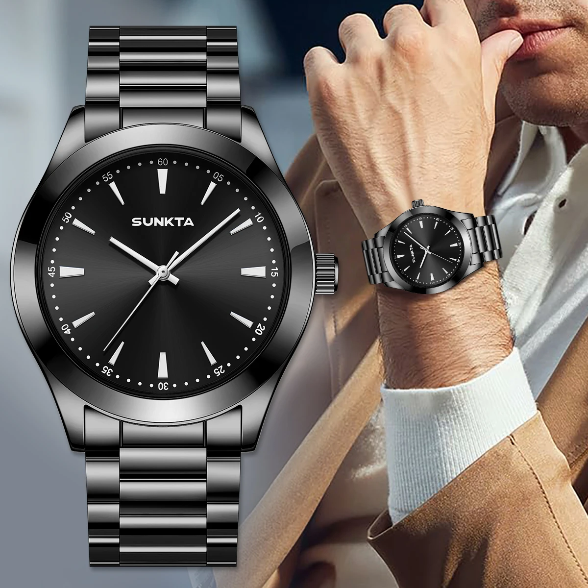 SUNKTA Herrenuhren, wasserdicht, Edelstahlarmband für Herren, analoge Quarzuhr, modische Business-Designer-Armbanduhr Image