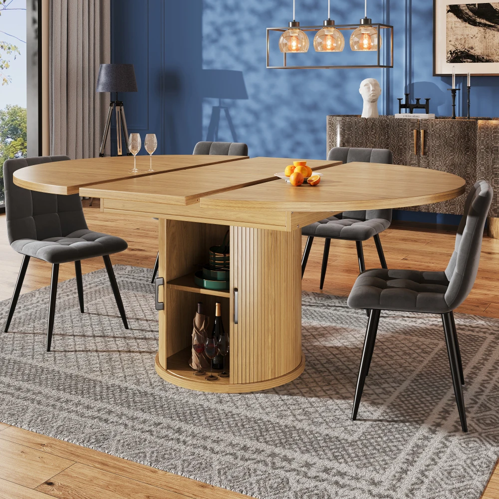 Ausziehbarer runder Esstisch, wandelt sich in oval um (118-158 cm), bietet Platz für bis zu 6 Personen, geeignet für Küche, Balkon und Esszimmer.