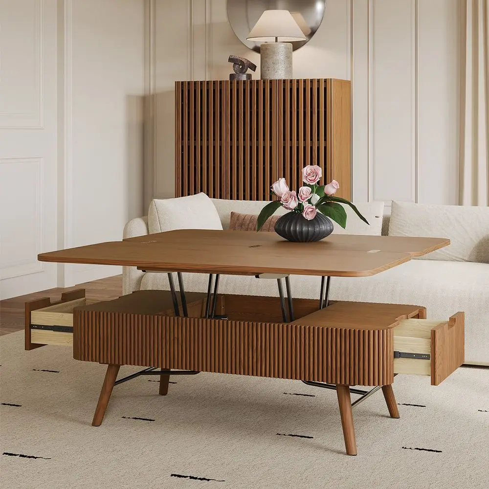 m Moderner Luxus-Couchtisch aus Holz, Wohnzimmermöbel aus Holz, Couchtisch mit Liftplatte und seitlichen Schubladen m
