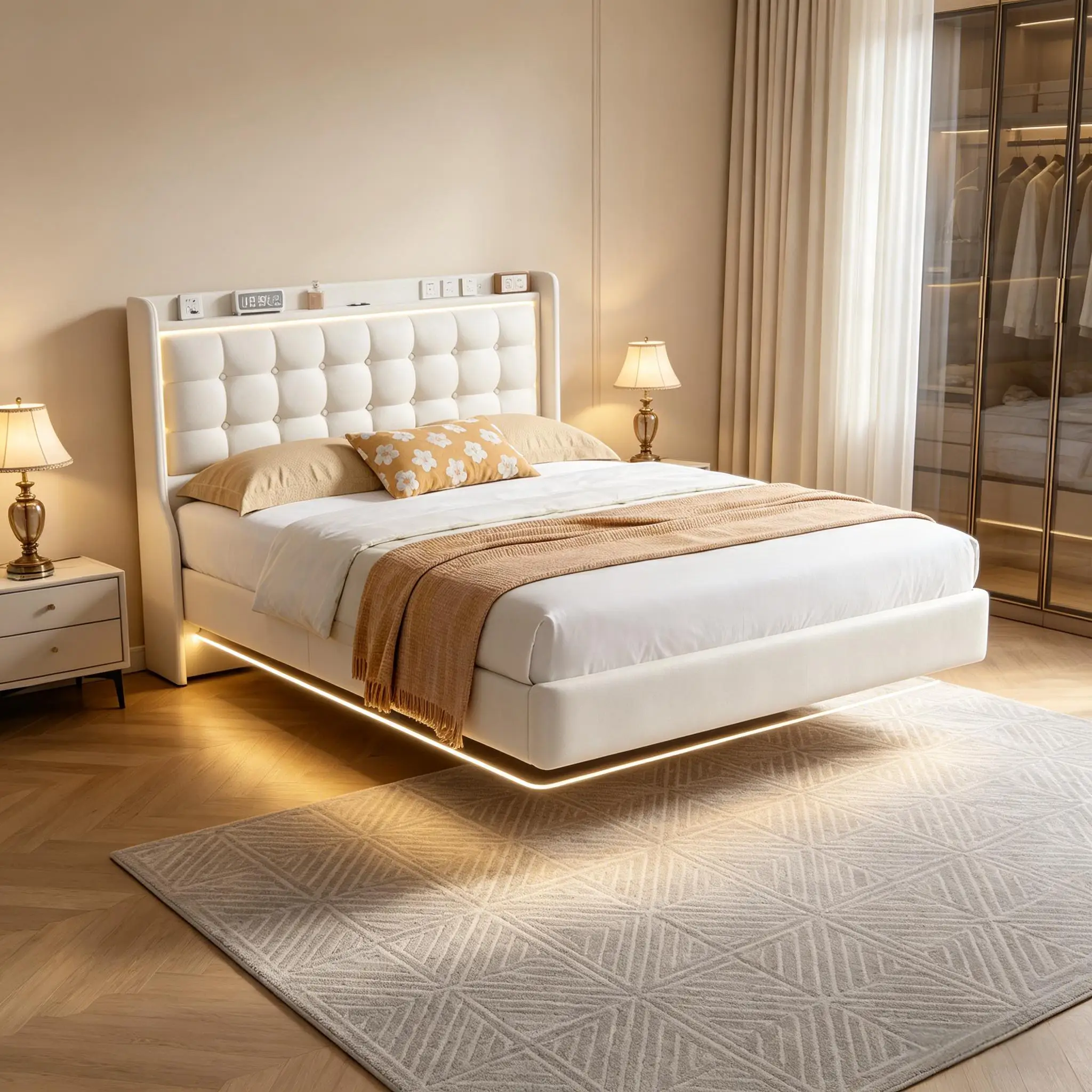 Polsterbett 140x200 cm Schwebebett, Bett mit LED Beleuchtung und USB, Modern Doppelbett Bettgestell mit Lattenrost, Schwebender visueller Effekt, Samt, Weiß, Ohne Matratze, Weiß