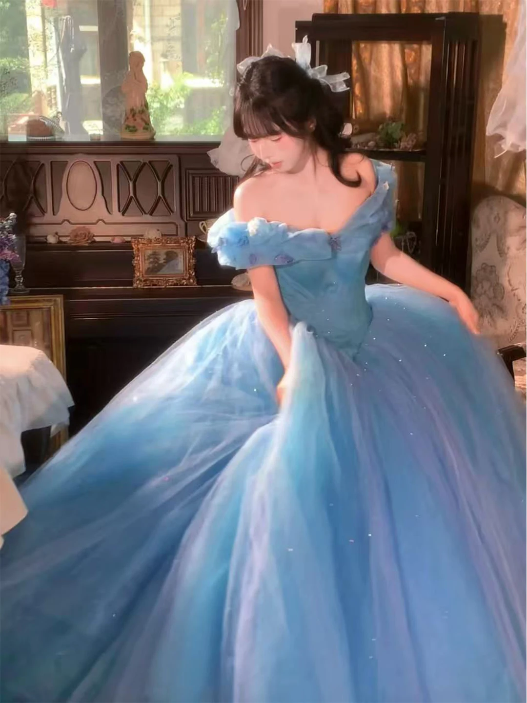 Elegant Blue Princess Evening Gown for 18th Birthday Adult Ceremony Party Ball Gown with Belt Medium Waist Design