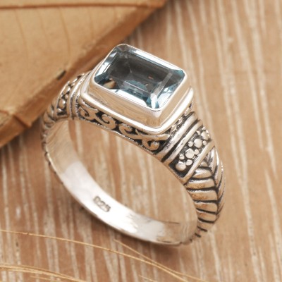 Glow Blue,'Classic Balinese Faceted 1-Carat Blue Topaz Cocktail Ring'