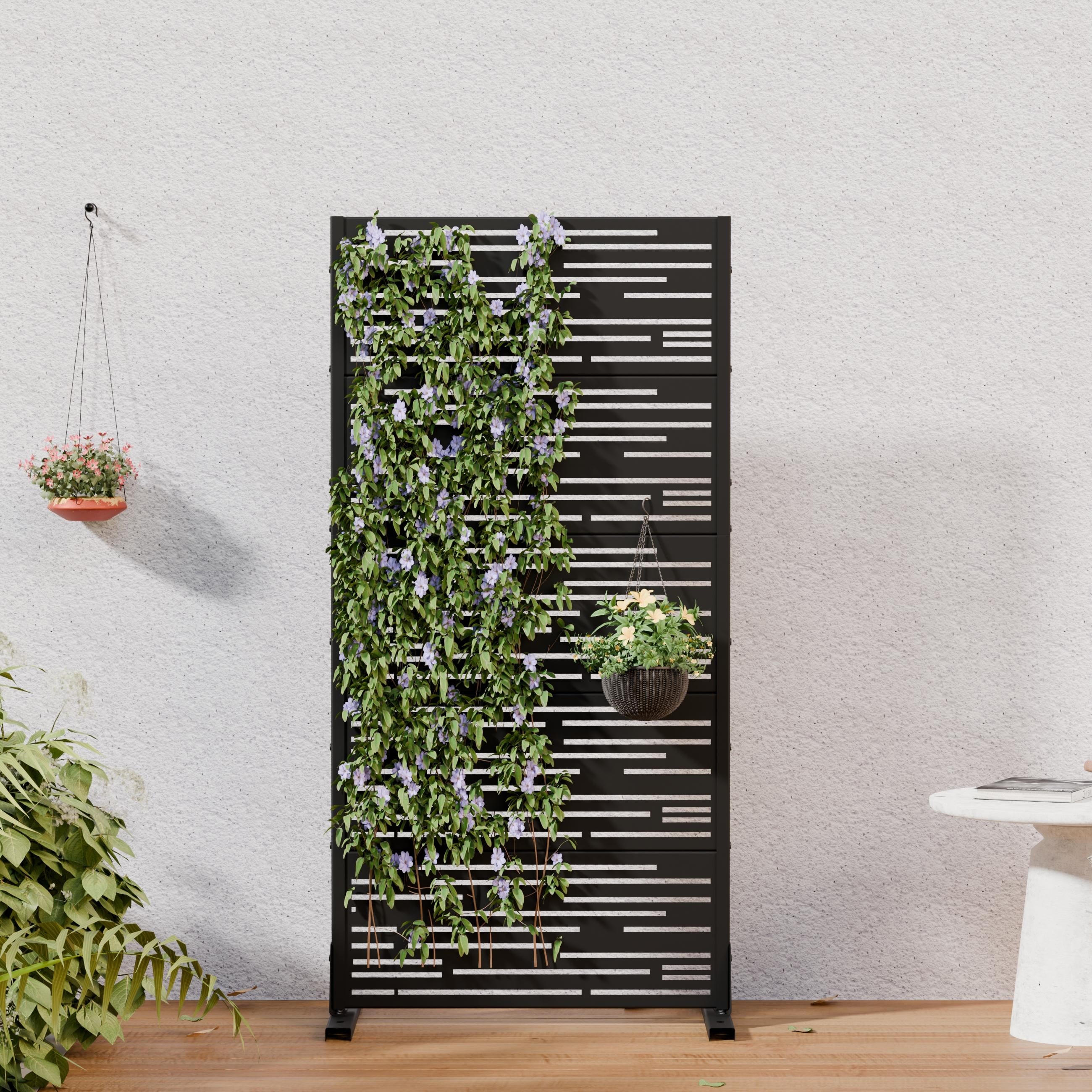 Outdoor Privacy Screen Metal Privacy Screen with Stand Freestanding Room Divider Decorative Privacy Fence with Slatted Design