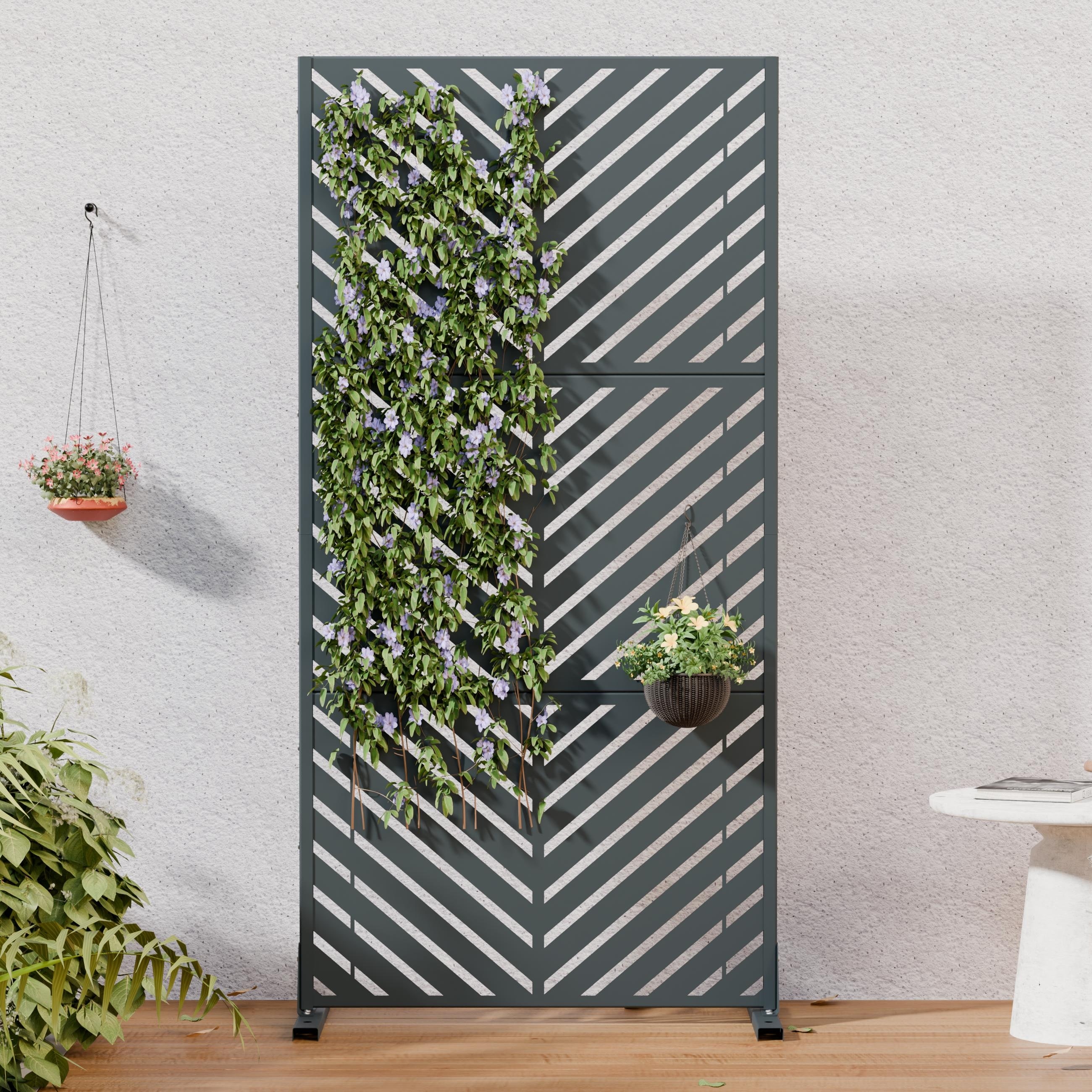 Outdoor Indoor Privacy Screen Freestanding Metal Privacy Fence with Stand Decorative V-Shaped Cutout Privacy Panel