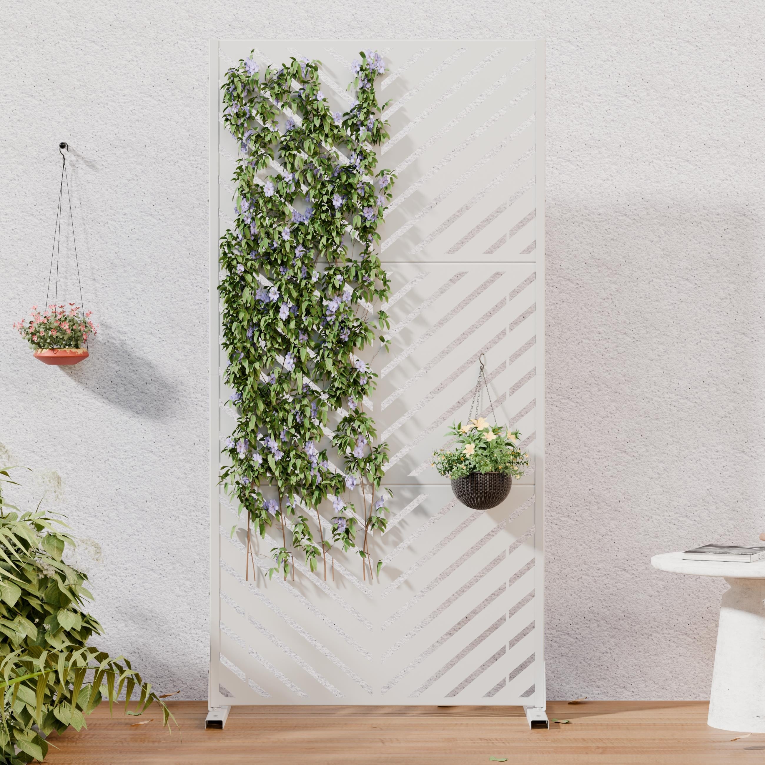 Outdoor Indoor Privacy Screen Freestanding Metal Privacy Fence with Stand Decorative V-Shaped Cutout Privacy Panel