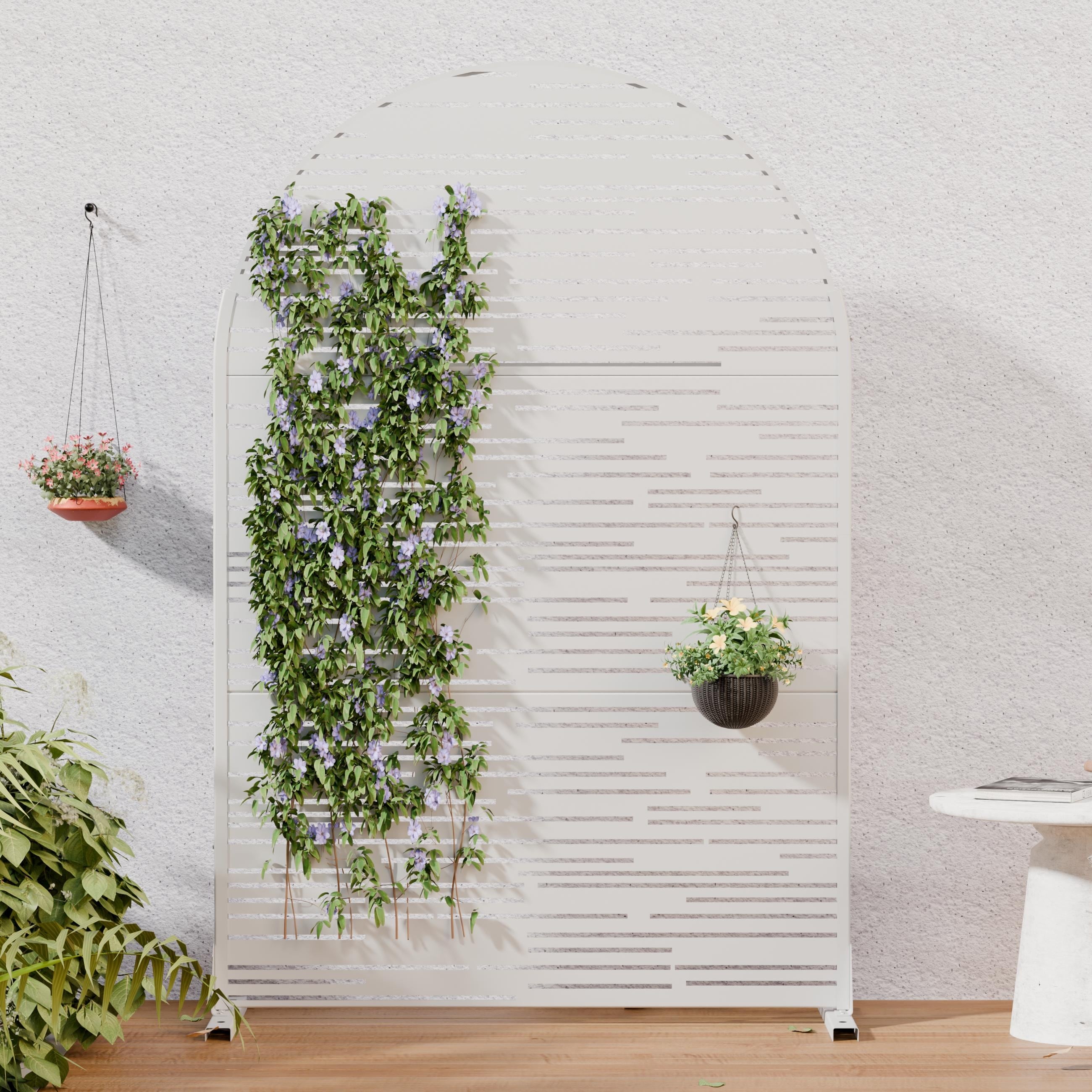 Outdoor Privacy Screen Freestanding Metal Privacy Fence Panel with Arch Top Decorative Slatted Design Privacy Screen