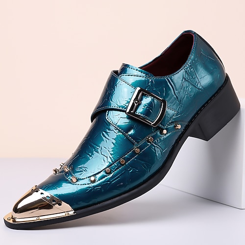 Türkisfarbene Herren-Slipper aus Kunstleder mit Schnalle, Metallkappe, Nietenbesatz, spitzer Zehenpartie, Vintage-Luxus-Schuhe für modebewusste Männer, ideal für Hochzeiten Image