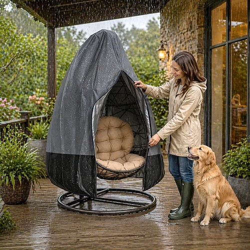Verbesserte Schutzhüllen für Eier-Gartenstühle mit Reißverschluss, Schutzhüllen für Eier-Gartenstühle aus Korbgeflecht, wasserdichte, robuste und wetterfeste Schutzhülle für Gartenstühle, winddichte Image