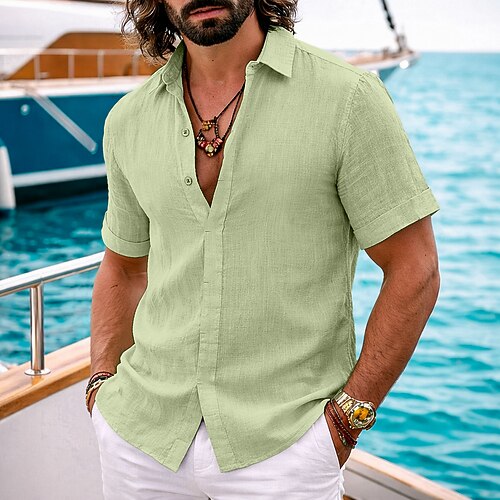 Herren Hemd Leinenhemd Sommerhemd Durchgeknöpft Hemd Freizeithemd Strandhemd Einfarbig Lässig Täglich Schwarz Weiß Rosa Grün Kurzarm Kragen Sommer Bekleidung Image