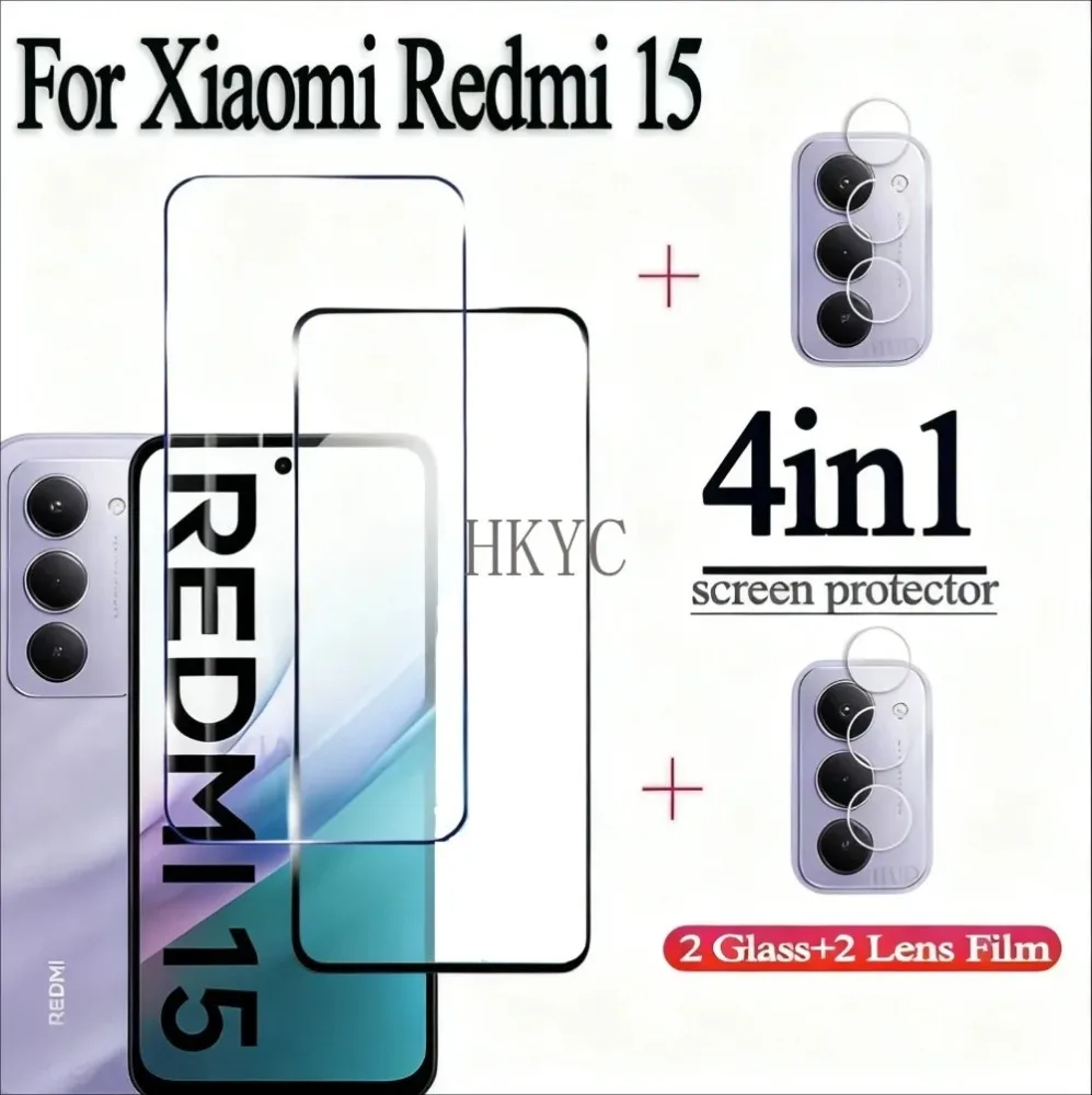 Per Xiaomi Redmi Serie 15, 2 Pezzi di Vetro Temperato Trasparente Proteggi Schermo ad Alta Definizione + 2 Pezzi di Protezione per Obiettivo Fotocamera ad Alta Sensibilità