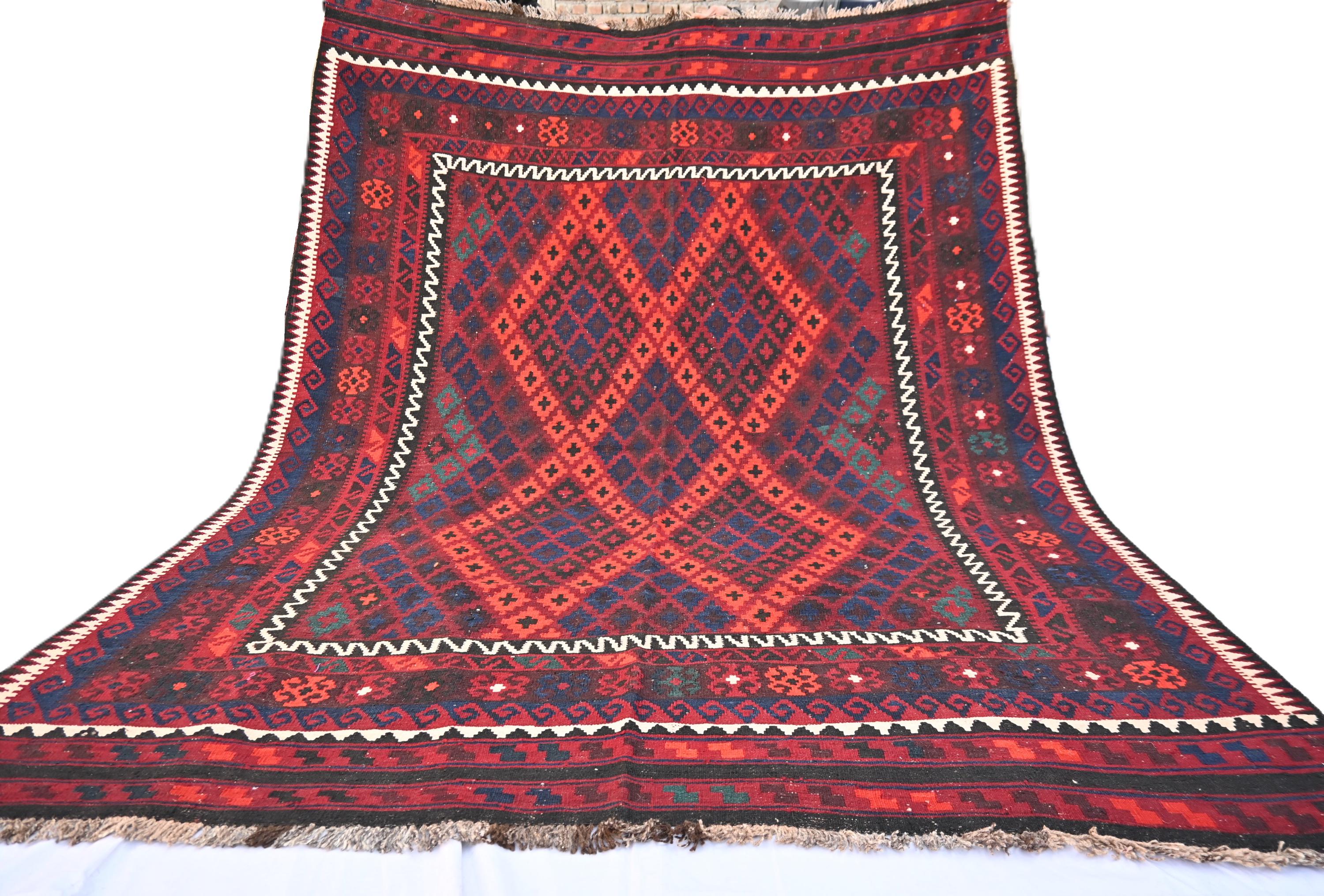Tappeto Kilim antico 7 x 9 piedi, tappeto Kilim afghano geometrico a tessitura piatta fatto a mano, tappeto orientale vintage in lana rossa, tappeto p
