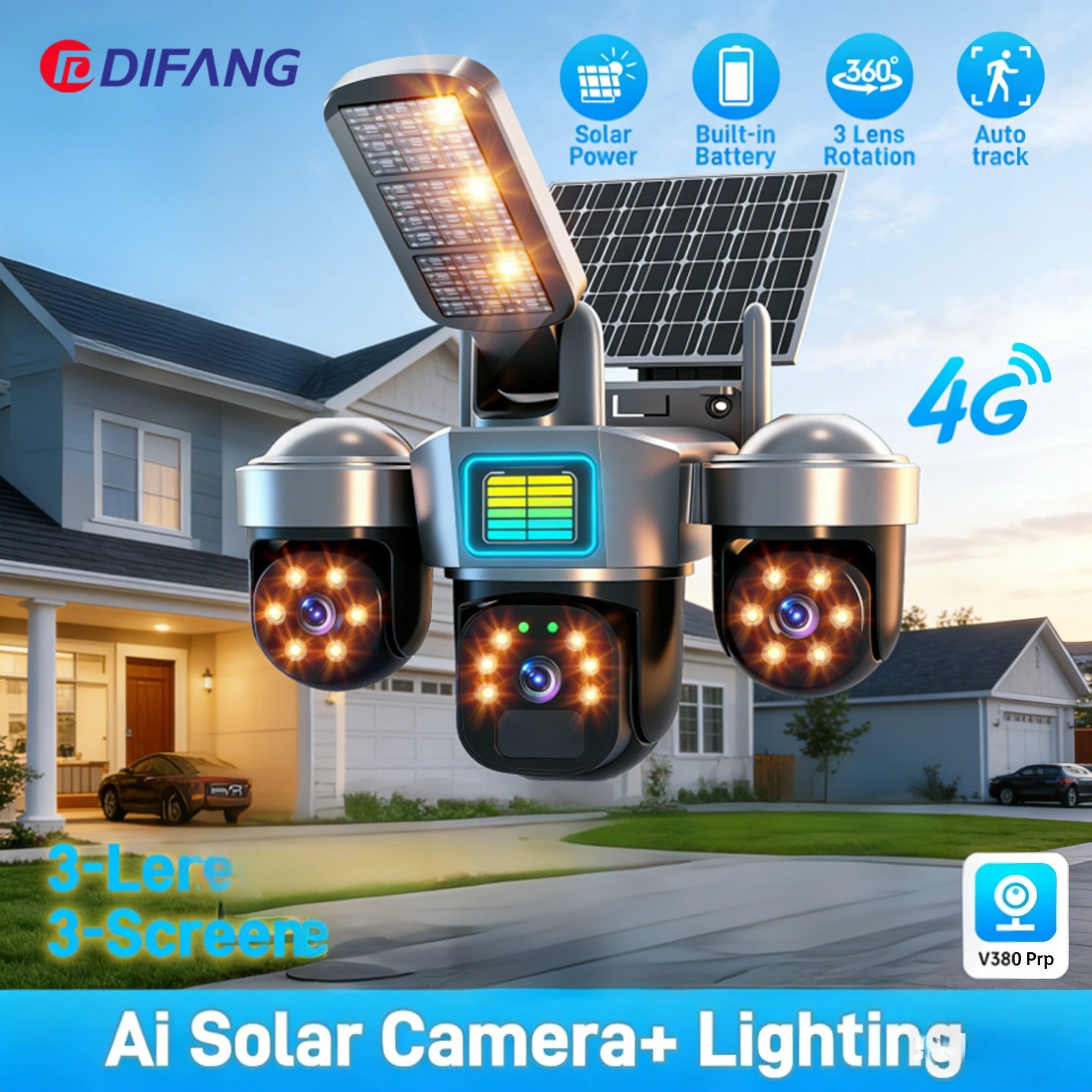 4G SIM-Karten Solar CCTV PTZ Außen-WLAN-Kamera mit Menschenerkennung, PIR, Sirene und Solarbetriebener CCTV-Solarleuchte