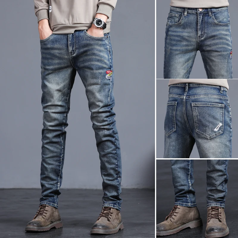 Neue Vier-Jahreszeiten-Herrenjeans Vintage Blau Einfarbig Elastisch Klassische Jeans Herren Slim Fashion Casual Denim-Hosen Image
