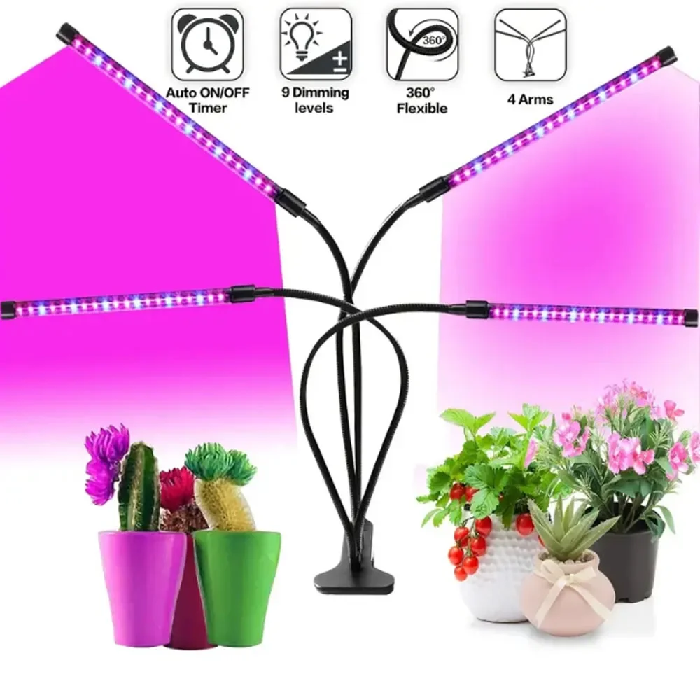 Mehrrohrige Vollspektrum Rot-Blau LED Pflanzenlampe mit USB-Anschluss und Clip, Zeitgesteuert und Dimmbar