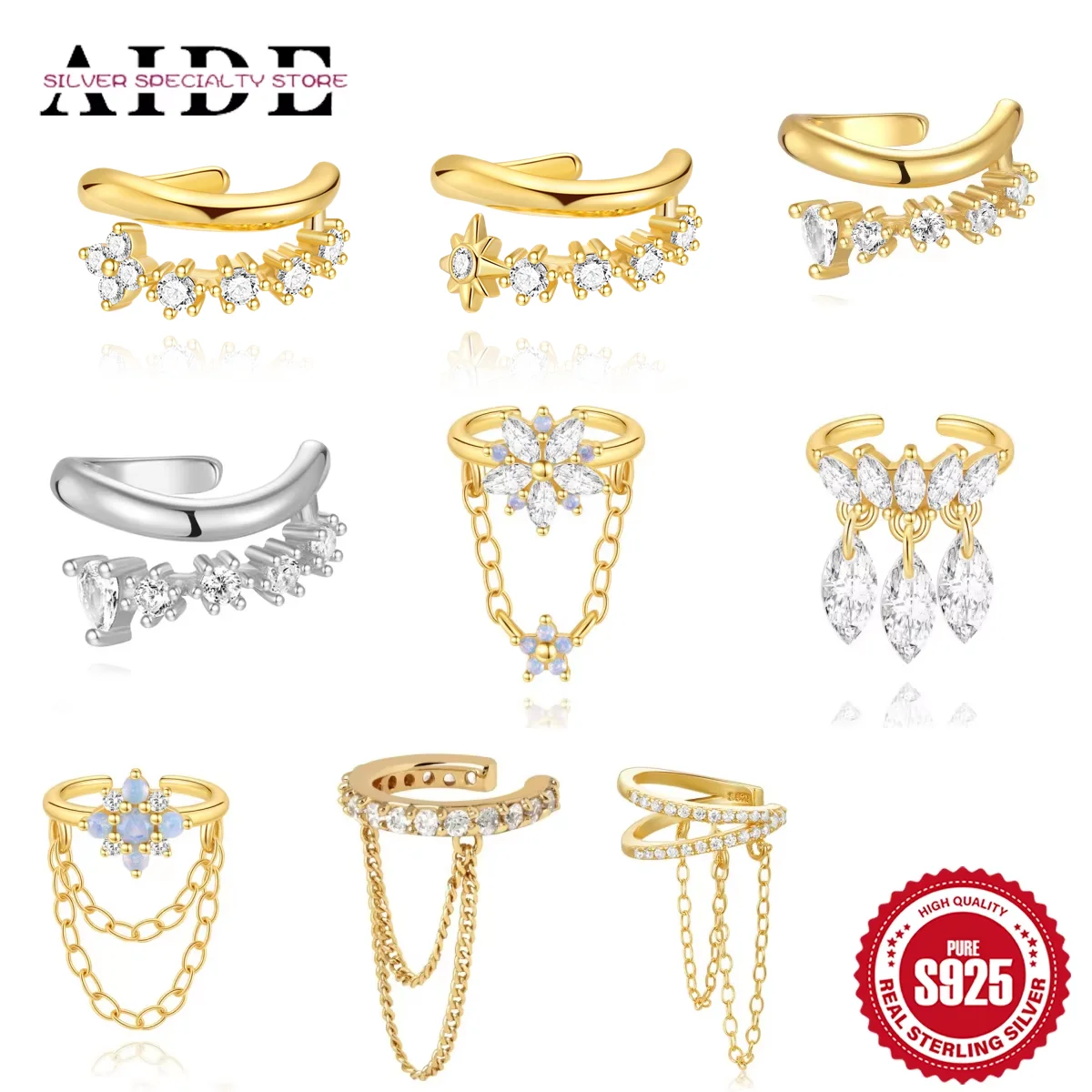 AIDE 1 stücke 925 Sterling Silber Zirkon Ohrring Für Frauen Kette Manschetten Ohrring Pendientes Brincos Aretes Edlen Schmuck Party geschenke Image