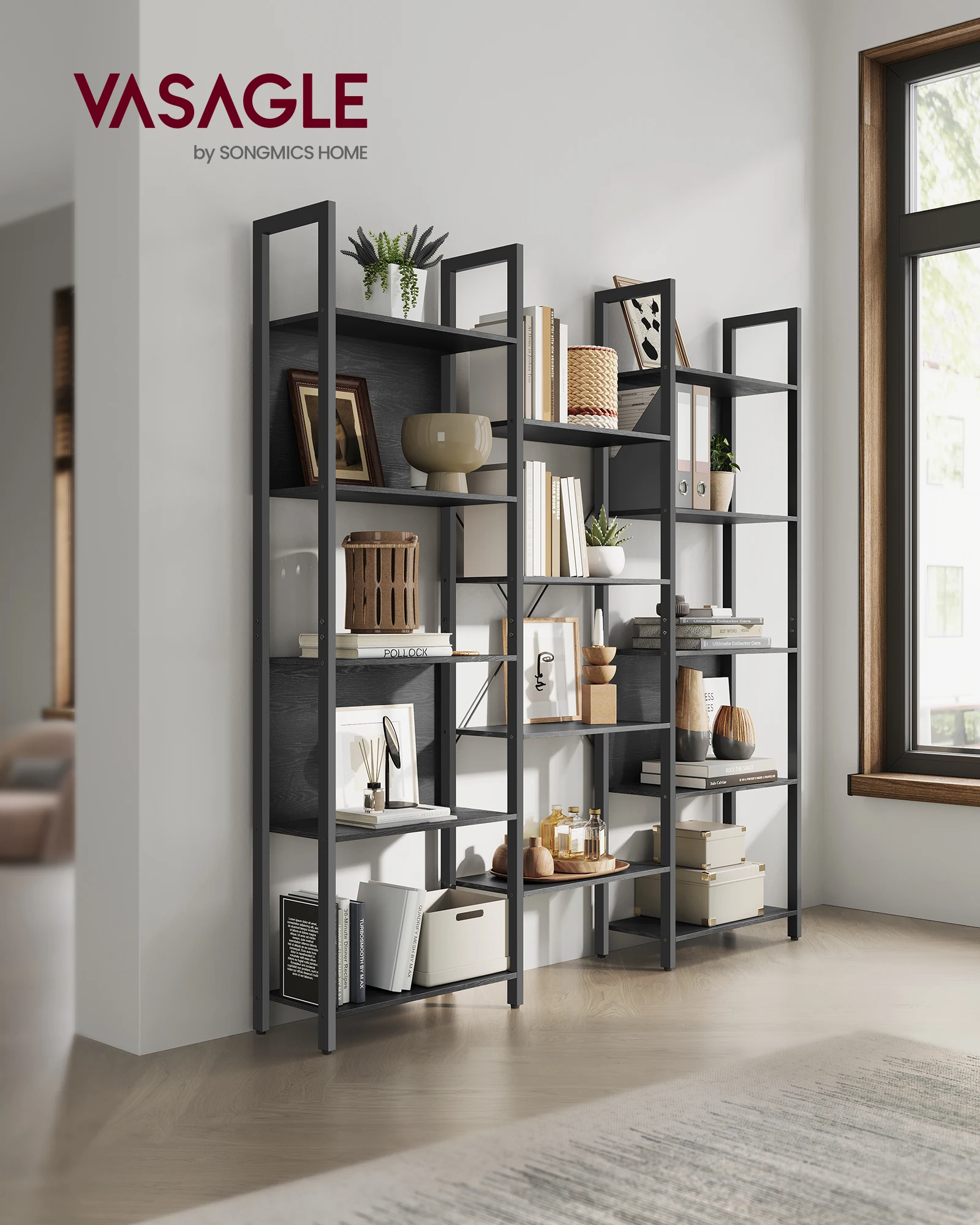 VASAGLE Bücherregal, Leiterregal, 14 Ablagen, Metallgestell, für Wohnzimmer, Arbeitszimmer, Büro, Industrie-Design