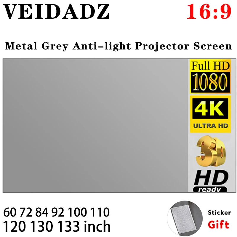 VEIDADZ Projektor-Leinwand, 100, 120, 133 Zoll, 16:9, faltbar, antihellgrau, reflektierendes Tuch, tragbare Projektionswand für Zuhause Image