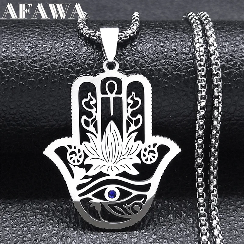 Hamsa Hand Ankh Lotus Halskette für Frauen Männer Edelstahl Silber Farbe Ägypten Auge des Horus Halsketten Schmuck N8075S02