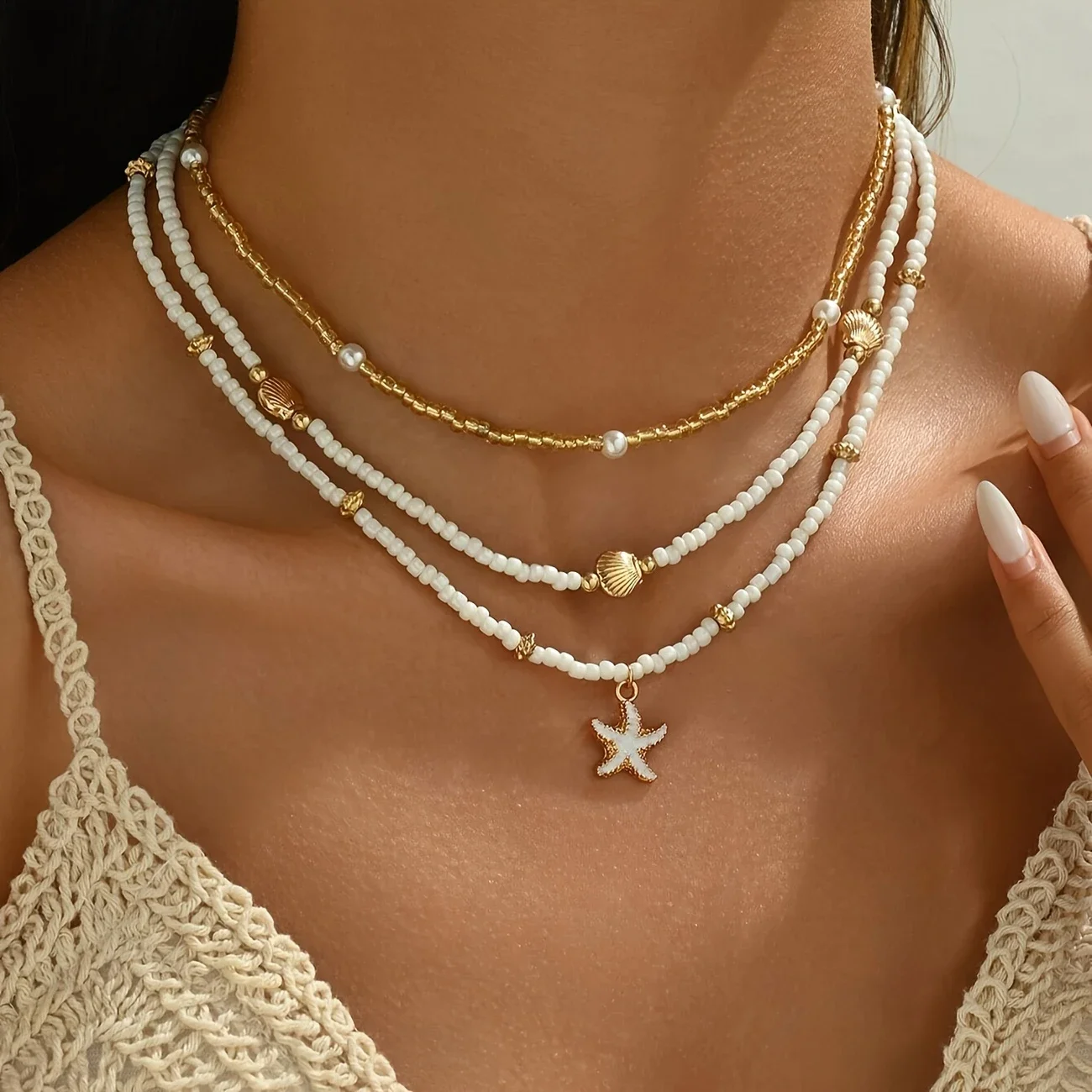 Böhmische handgemachte Perle gestapelt Halsband zarte Seestern Muschel Anhänger Halskette Damen Sommer Strand Party Urlaub Schmuck Image