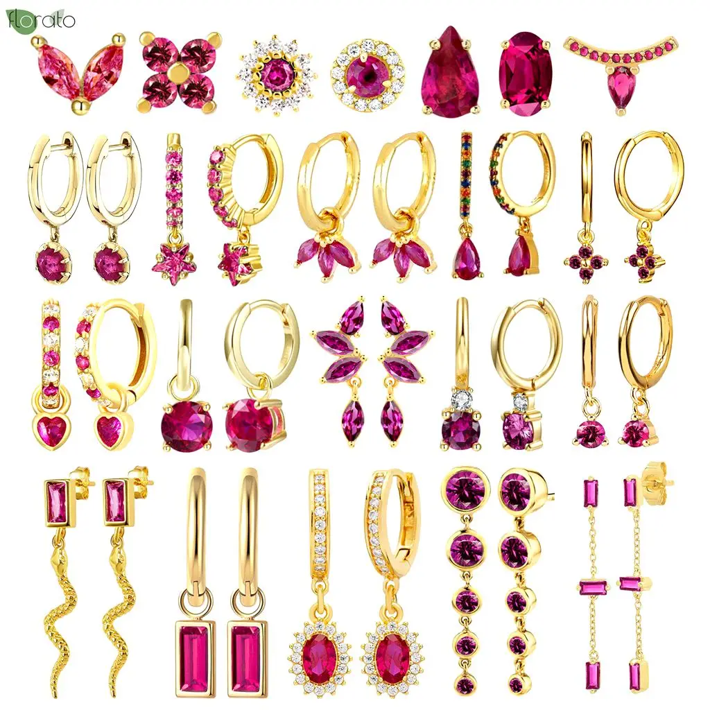 925 Sterling Silber Nadel Rose Rot Kristall Herz Anhänger Ohrringe Mode 18 Karat Gold Creolen für Frauen Luxus Schmuck Geschenk