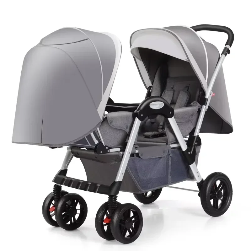 Neuer Zwillingskinderwagen mit Vorder- und Rücksitz, faltbarer Zwillingsschirm-Kinderwagen, sitzender und liegender Zwillingskinderwagen, abnehmbar und waschbar Image