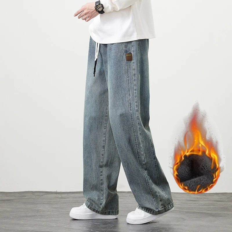 Winter Samt Breite Bein Denim Jeans männer Casual Lose Hosen Neutral Outdoor Mode Hosen Große Größe 8XL