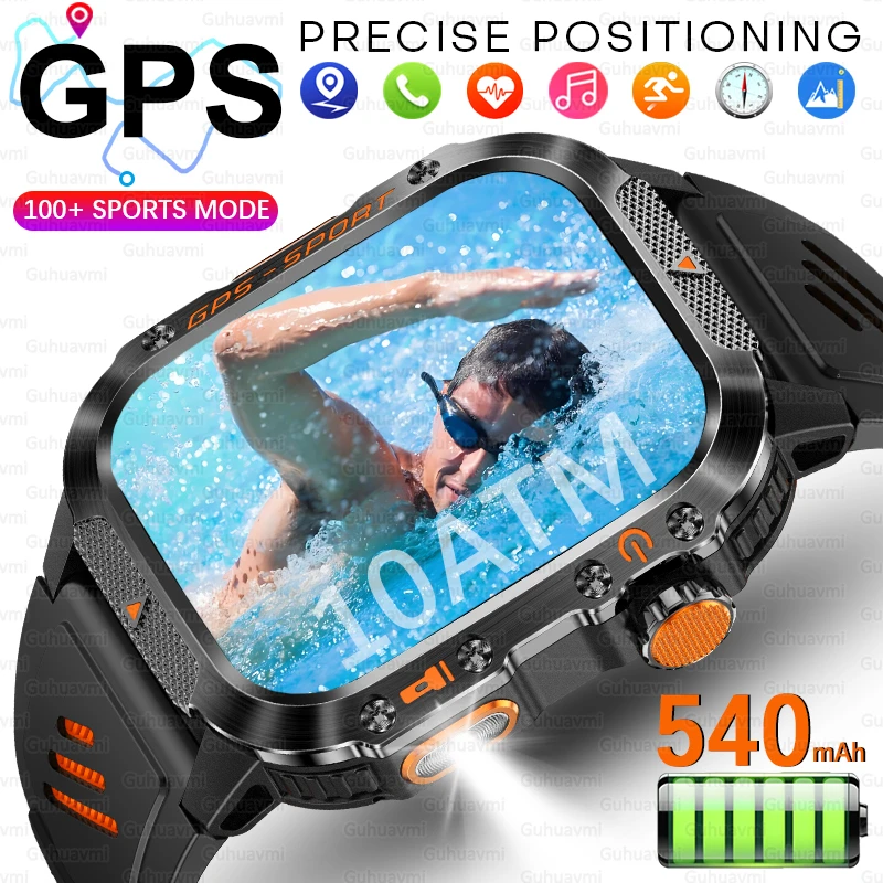 2026 neue Military Grade Outdoor GPS Smart Uhren Männer Kompass Herzfrequenz BT Anruf LED Taschenlampe 10 ATM Wasserdichte Schwimmen Smartwatch