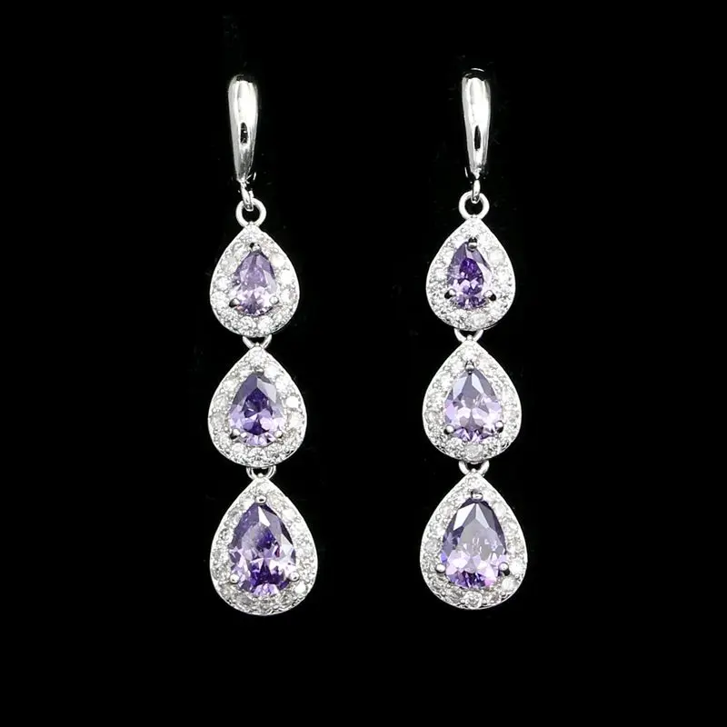 Wasser Tropfen 925 Sterling Silber Ohrringe für Frauen Lila Zirkonia Weiß Kristall Lange Ohrringe Image