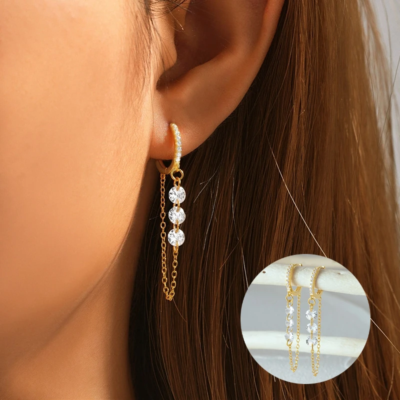 Aide 925 Sterling Silber Drei Zirkon Tropfen Lange Kette Gold Hoop Schnalle Piercing Ohrringe Für Frauen Casual Schmuck Party Geschenk