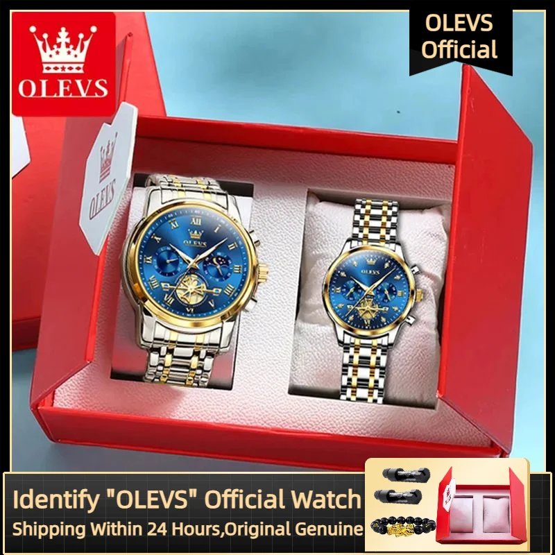 OLEVS Luxus Marke Quarz Paar Uhr Wasserdicht Leuchtende Mondphase Timing Code Uhr Liebhaber Datum Uhr Seine oder Ihn Uhr Set Image