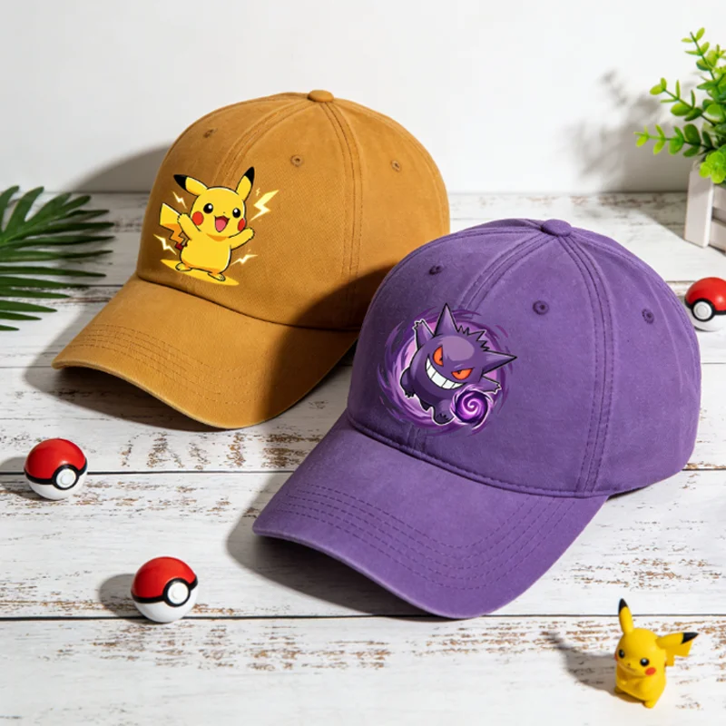 Pokemons Distressed Cap Anime Pikachu Gengar Hüte für Damen und Herren aus weicher, atmungsaktiver Baumwolle – Modischer Kopfschmuck, Paar-Geschenk zum Geburtstag Image