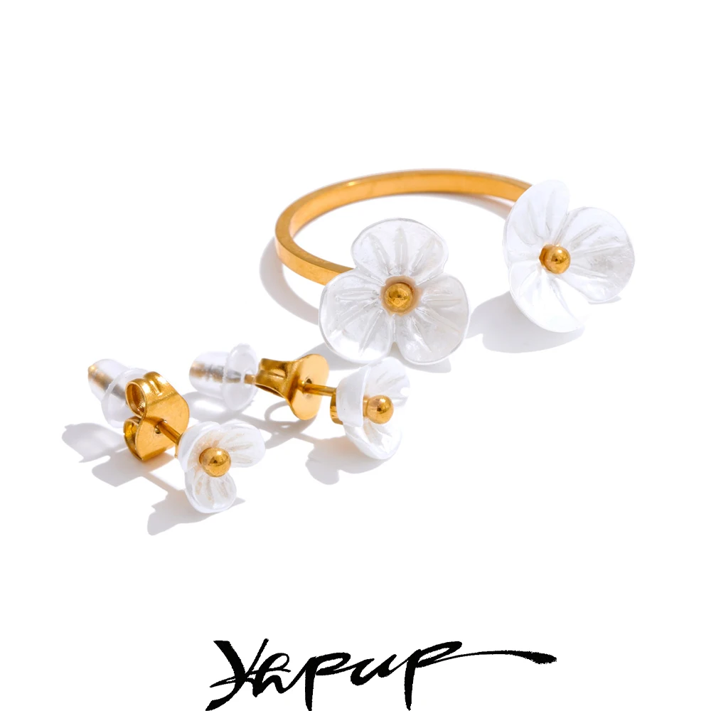 Yhpup Fee Harz Blume Süße Ohrringe Ring Edelstahl Wasserdicht PVD Überzogen Rostbeständig Sommer Modeschmuck Image