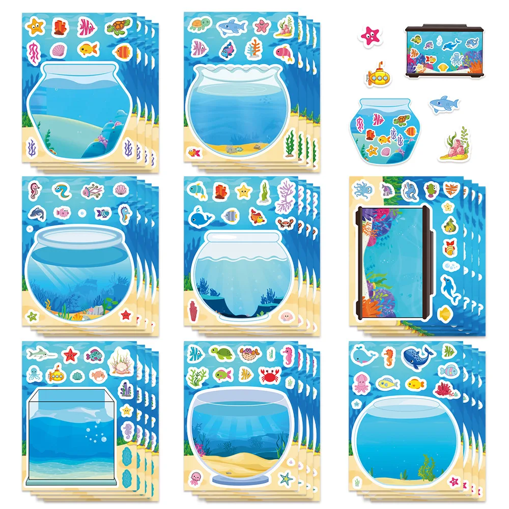 16PCS Fishbowl Marine Tier kinder Belohnung Schreibwaren Notebook Cartoon DIY Make a Face Aufkleber Spiel Handwerk Aufkleber Image