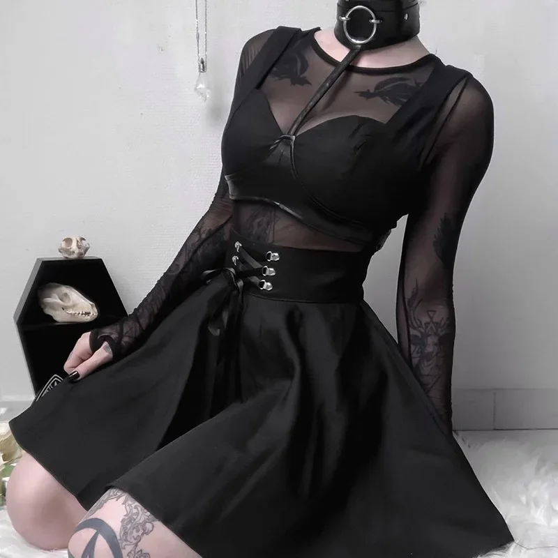 Große Größe Schwarz Gothic Punk Stil Über Knie Frauen Mini Röcke Criss Cross Bandage Hohe Taille Rock Femme Streetwear Goth Dark