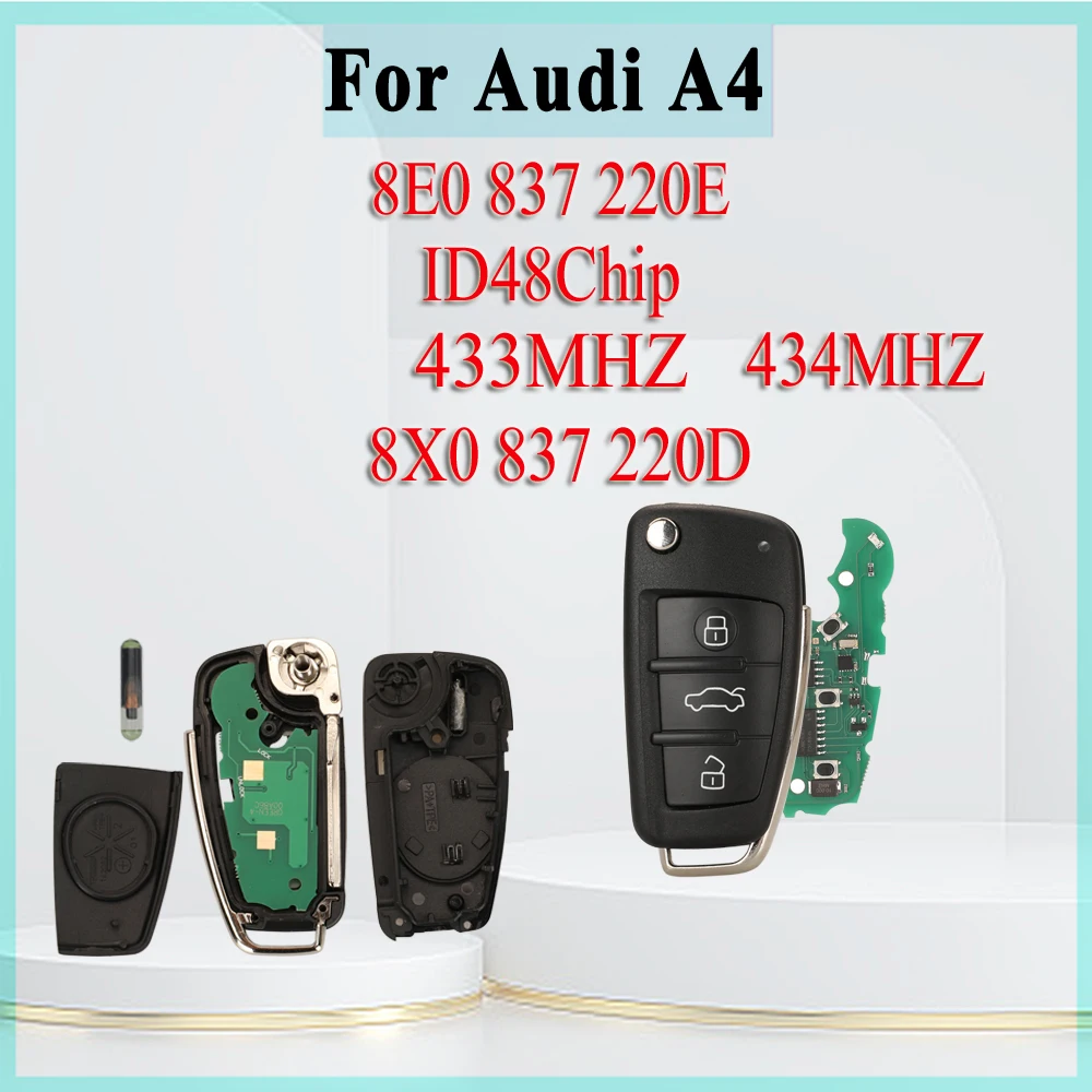 Jingyuqin Fernbedienung klapp autoschlüssel 433/434 MHZ ID48Chip Für Audi 8X0837220D 8E0837220E Audi A4 (11/2004 - 06/2008) Image