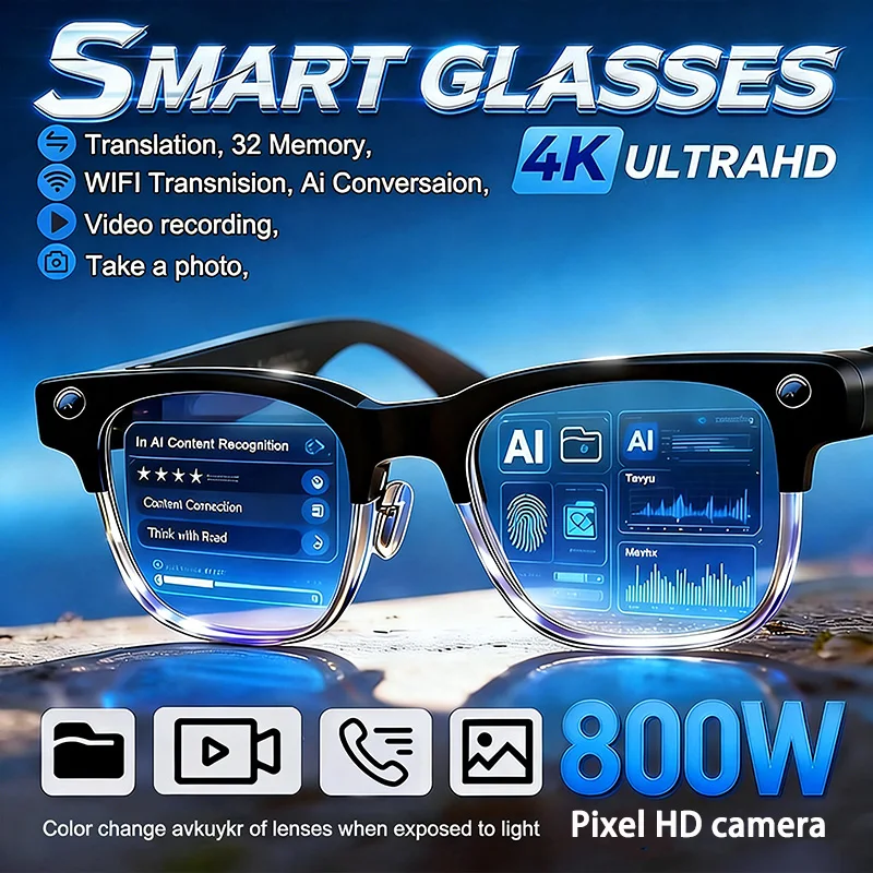 Neue Upgrade-Version 800W KI-Brille mit Kamera, 4K HD-Videoaufnahme, KI-Fotoerkennung, Übersetzung, Bluetooth-Anrufe und Sprachfunktion Image