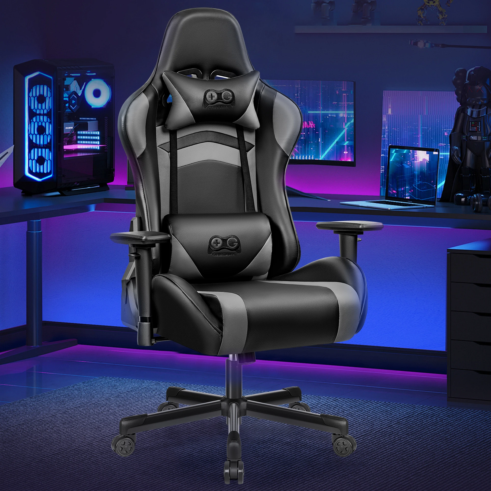 Gaming-Stuhl, ergonomisch, PU-Leder, verstellbare Armlehnen, wasserdicht, max. 150 kg, Schwarz/Grau