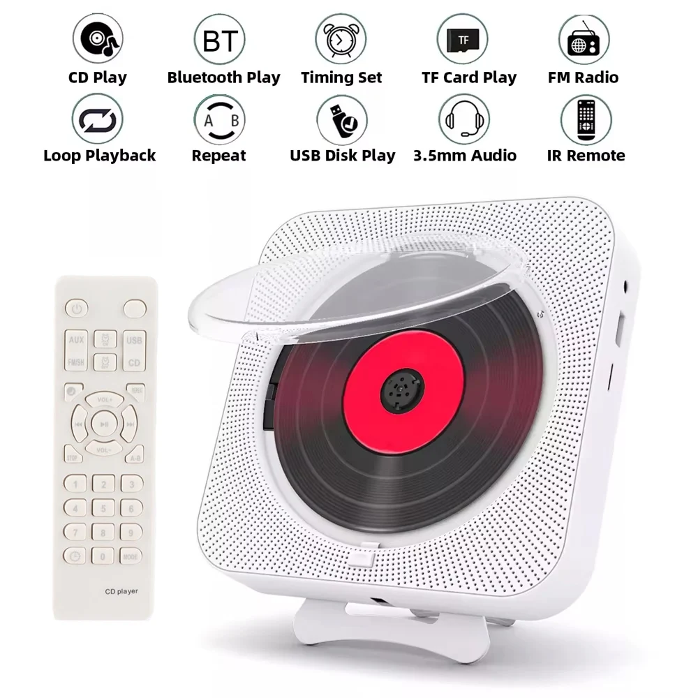 Tragbarer CD-Player, Bluetooth-Lautsprecher, Stereo-CD-Player, LED-Bildschirm, an der Wand montierbarer CD-Musik-Player mit IR-Fernbedienung, FM-Radio Image