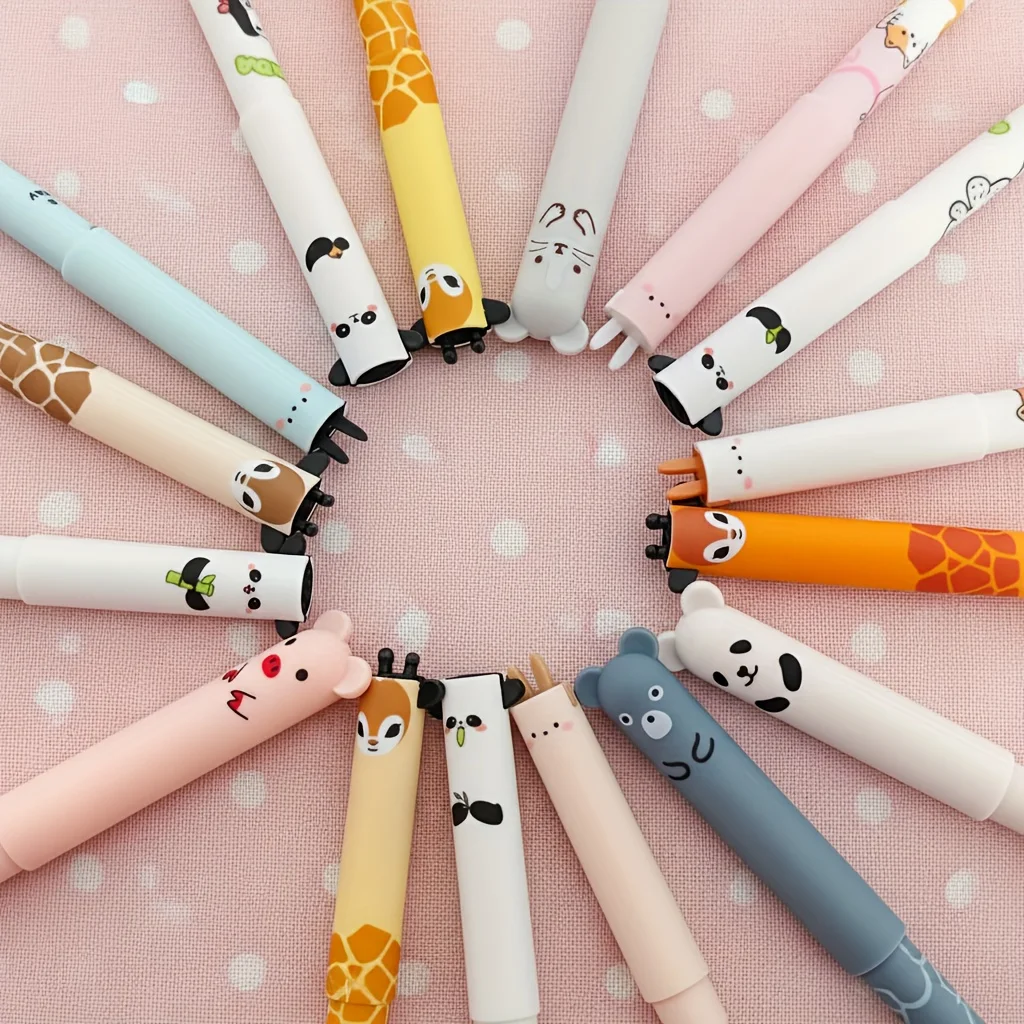 10er-Pack löschbare Stifte mit zufälligen Designs, blaue Tinte, niedliche löschbare Bärenstifte, löschbare Tier-Gelstifte, löschbare Stifte mit Cartoon-Motiven für Schüler, thermisch löschbare Stifte, Schreibwaren mit sanftem Schreibgefühl Image