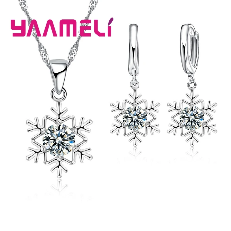 Qualifizierte Schneeflocke Frauen 925 Sterling Silber Schmuck Set Zirkon CZ Kristall Anhänger Halskette Ohrringe Party Geschenk Image