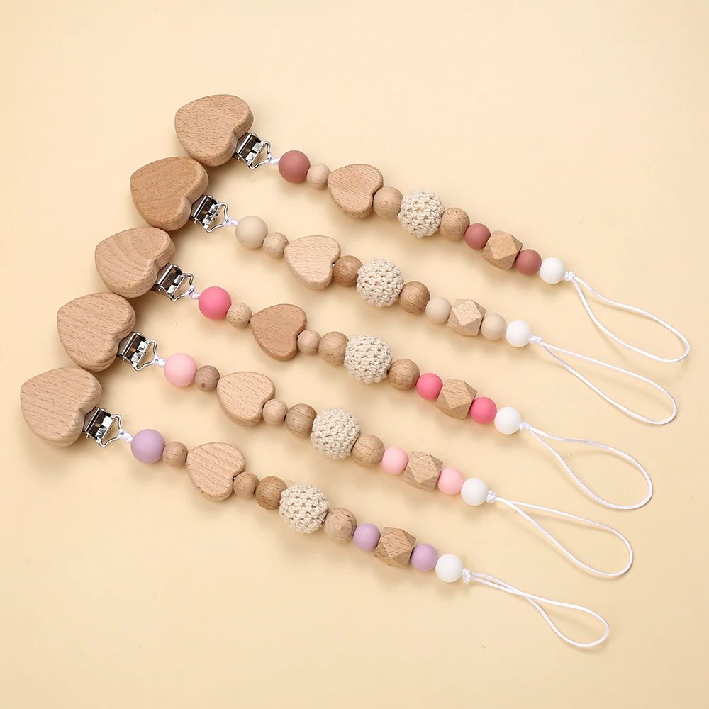 Herz Buche Baby Schnuller Clip Holz Silikon Runde Achteckige Nippel Kette Für Pflege Beißring Kauen Spielzeug Baby Schnuller Halter Kette Image