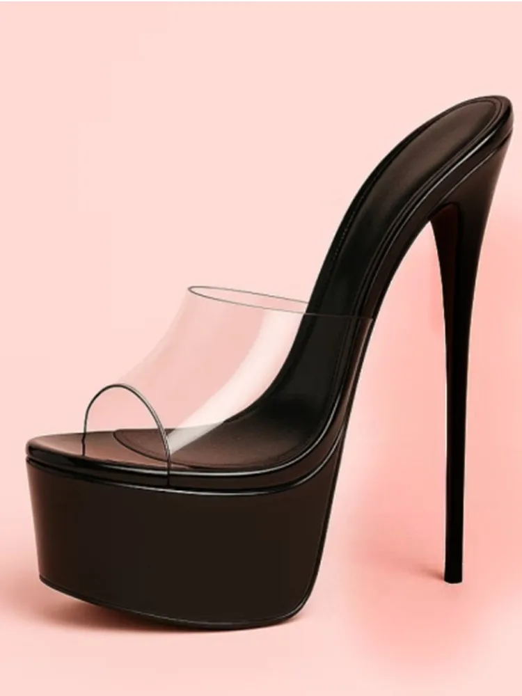 Sommer Neue Damen-Sandalen mit Dicker Sohle, Feinen Hohen Absätzen, Gezahnten Kühlen Pantoletten, Modenschau, Party, Ultra-High-Heel-Sandalen Image