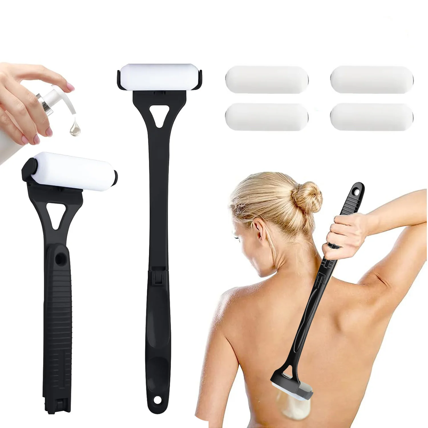 Tragbarer Lotion-Applikator, Sonnenschutz-Bräunungsstift mit langem Griff, faltbare Ersatzköpfe für den Rückenapplikator Image
