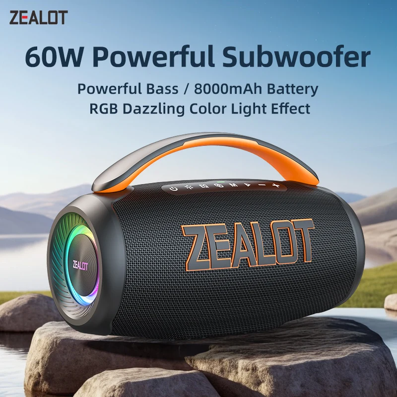 Zealot-P12 Lautsprecher 60 W tragbarer Bluetooth-Lautsprecher mit IPX6 wasserdicht, bequemer Griff, steuerbare Beleuchtung, TF, USB Image