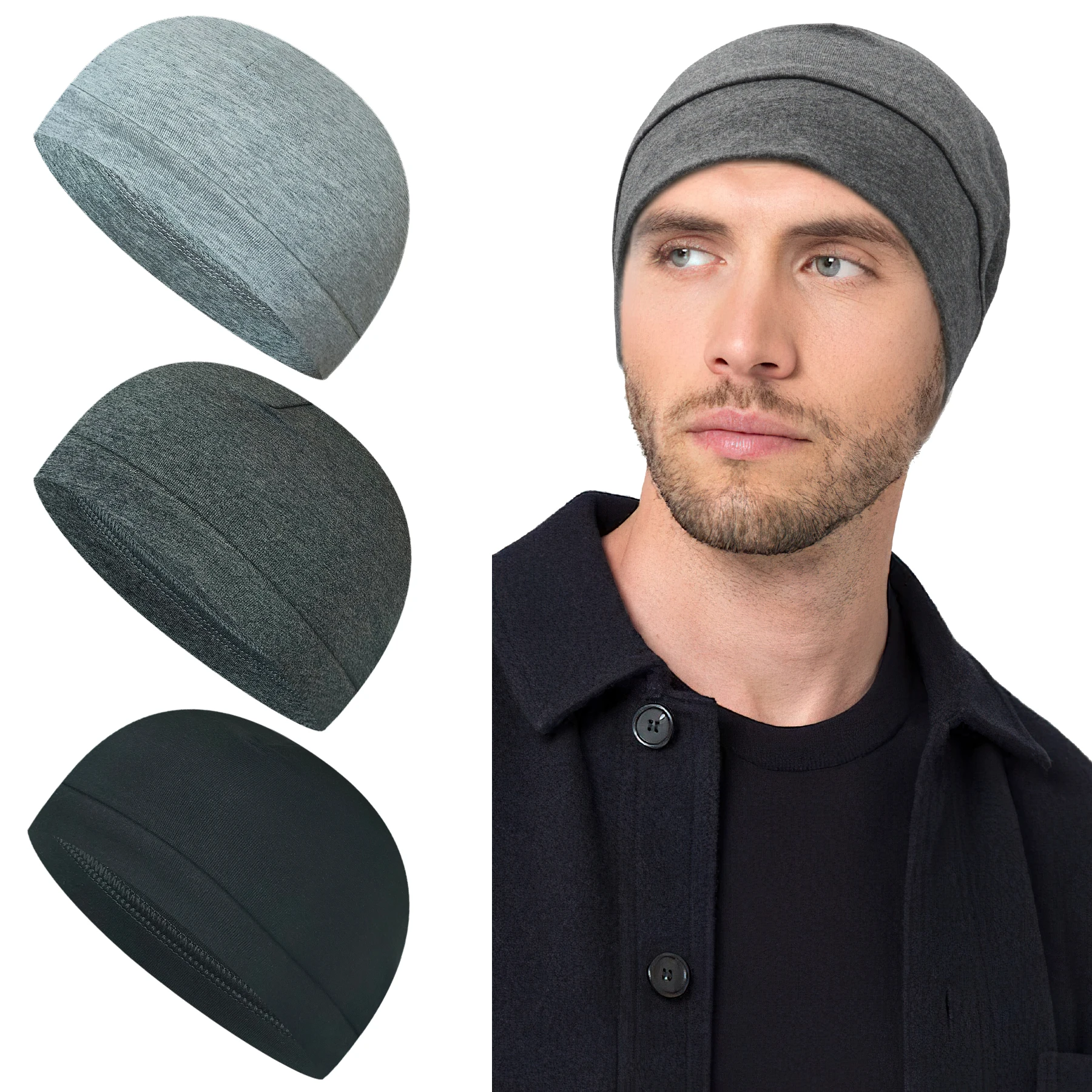 3er-Pack Unisex Skull Caps: Baumwoll- oder 75% Nylon/25% Spandex-Mützen | Schweißableitend und leichtgewichtig für Laufen, Radfahren, Schlafen | Mult Image