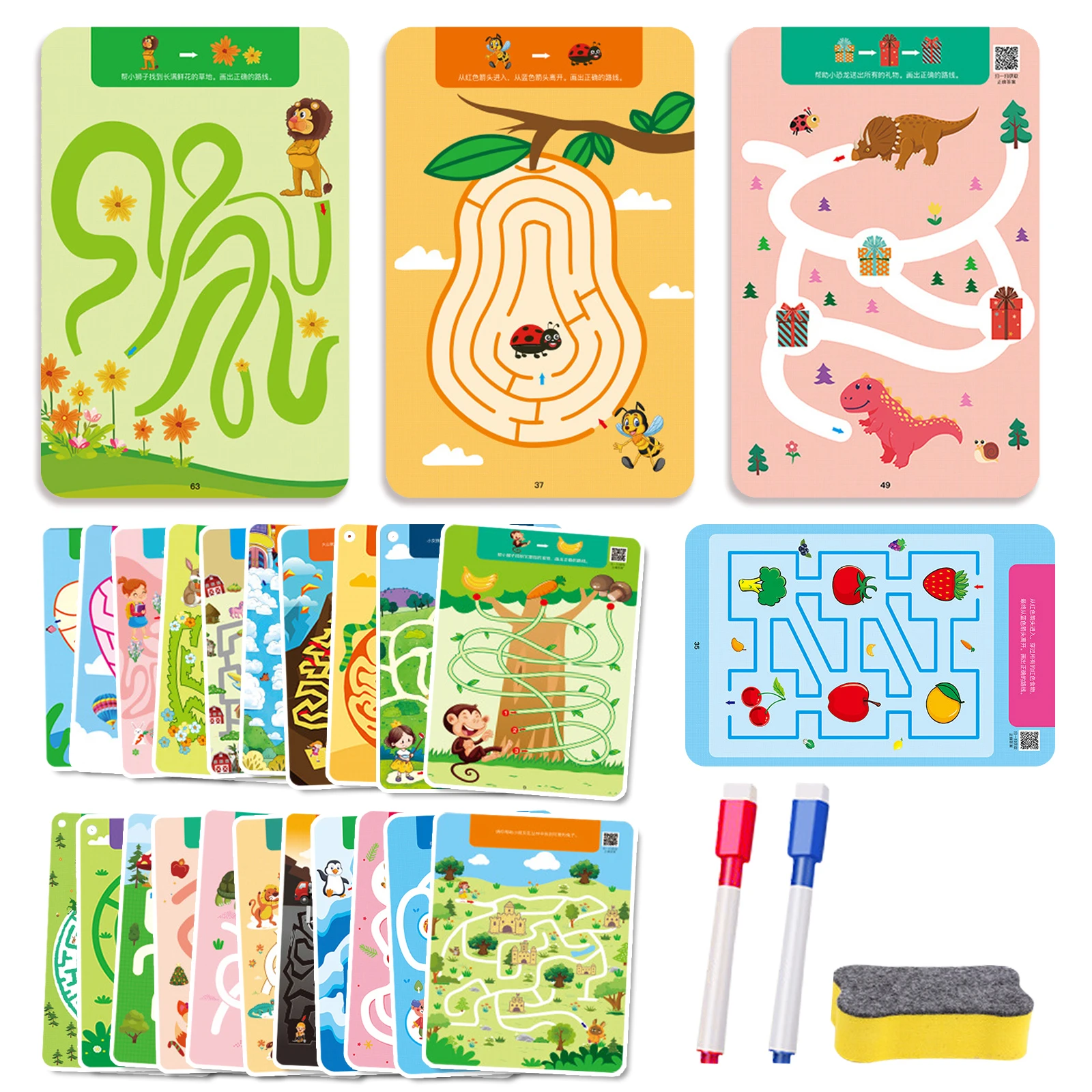 15/32 Blatt wiederverwendbare Labyrinthkarten für Kinder, 3 Anfängerstufen, Aktivitäten für Kinder, beschäftigt, erstaunliche Labyrinthe, Bücher mit Stiften, Kinderpuzzles, fein Image